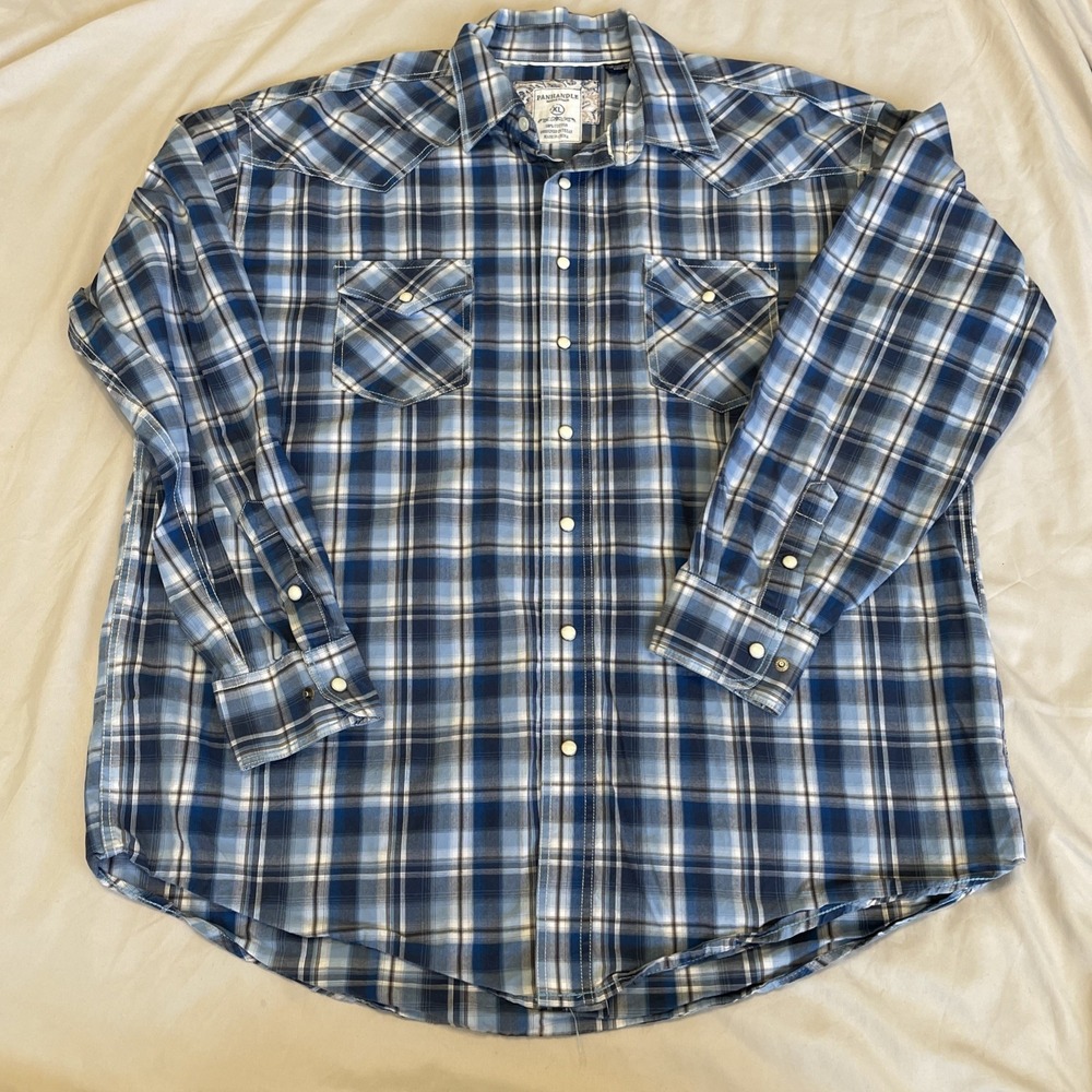 Panhandle Shirt‎ Mens XL Blue Rough Stock Pearl Snap Plaid Flip Cuff Cowboy